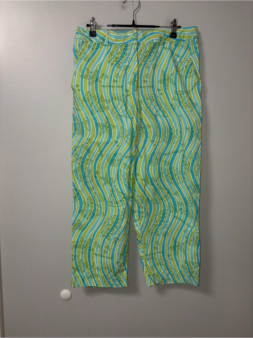 Walt Disney World Blue Green Cropped Pants Wavy Sea Life Mickey Vacation Vtg 12